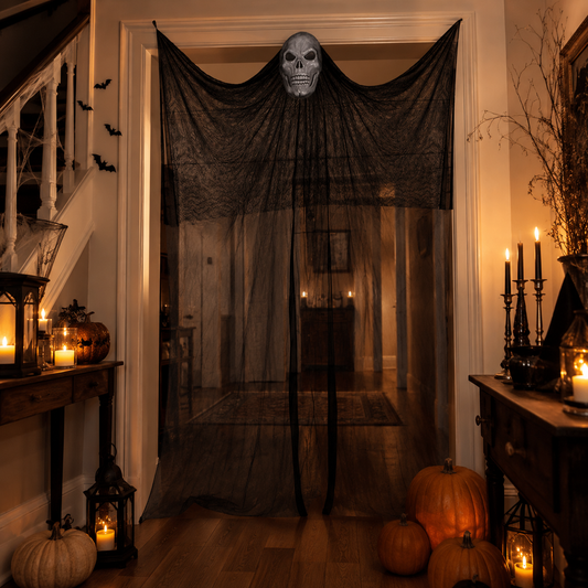 Hanging Ghost Doorway Decoration โ Light-Up Skull Face with Flowing Black Gauze - product image 2