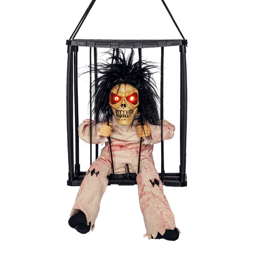Bloody Prisoner hanging caged skeleton with glowing red eyes on a white background