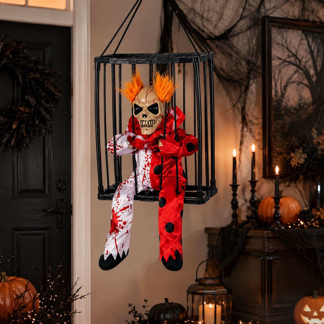 Red Clown hanging caged skeleton displayed in a decorated Halloween entryway