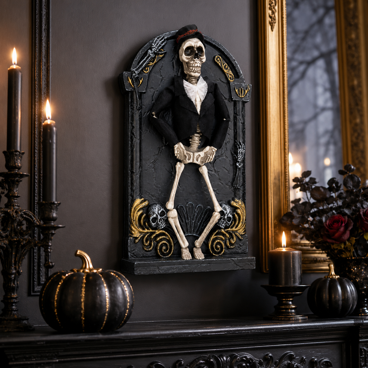 Skeleton groom wall plaque displayed above a mantel with candles and pumpkins