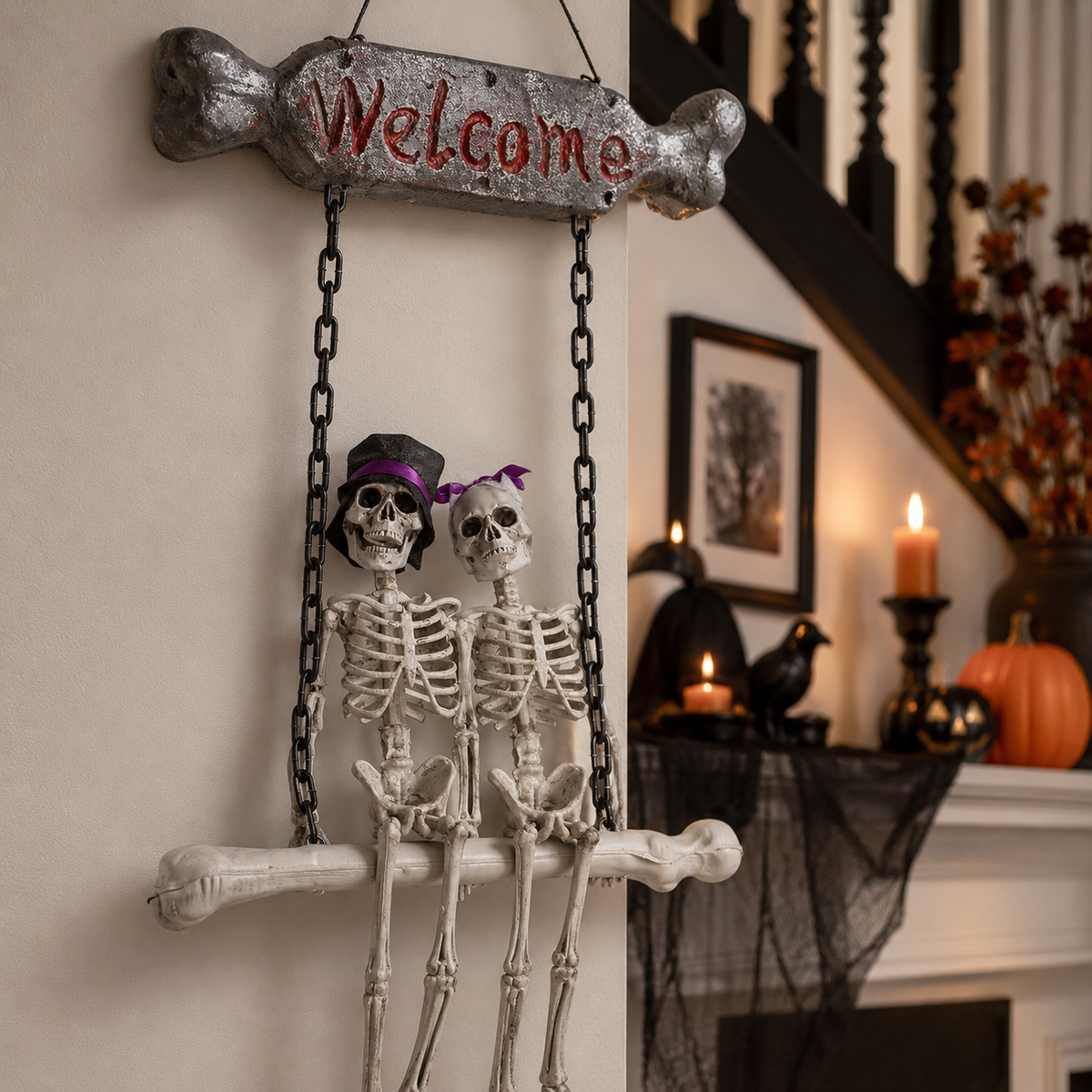 Skeleton couple welcome sign displayed indoors beside a Halloween fireplace