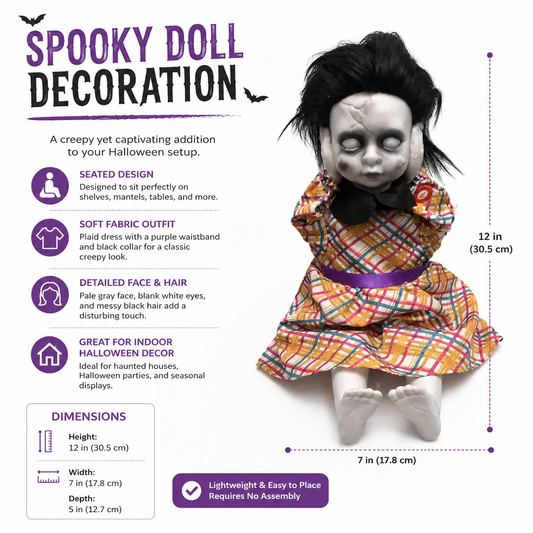 Creepy Seated Doll with Rising Head & Sound – Orange Plaid Halloween Prop – alternate product view 1