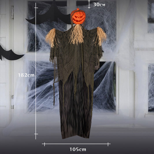 Hanging Pumpkin Head Scarecrow – Halloween Decoration with Straw Collar & Tattered Robe - product image 2