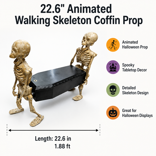 22.6-inch animated skeleton coffin prop feature and size infographic