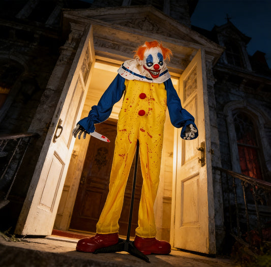 Life-size clown decoration with sound-activated creepy sounds