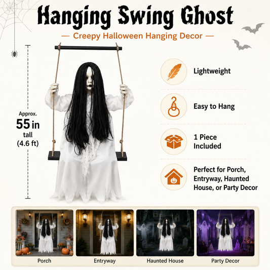 55-inch white ghost swing decoration size and features infographic