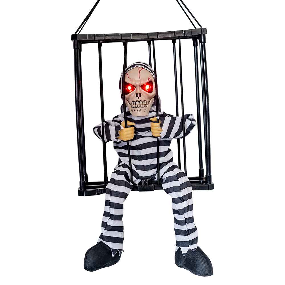 Striped Prisoner hanging caged skeleton with glowing red eyes on a white background