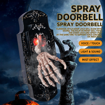 Haunted door lock skeletal hand decoration demonstrating light, sound and mist effects