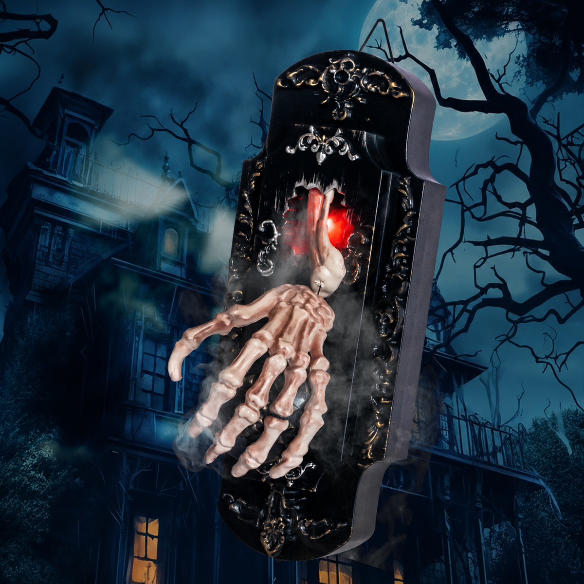 Mist-spraying haunted door lock with skeletal hand glowing red outside a haunted house