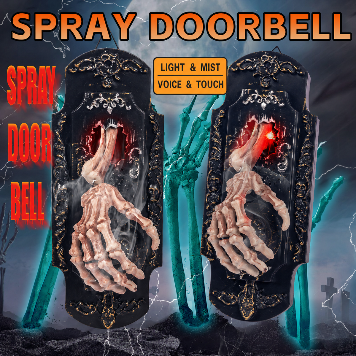 Mist-spraying haunted door lock shown with skeletal hand and illuminated Halloween effects