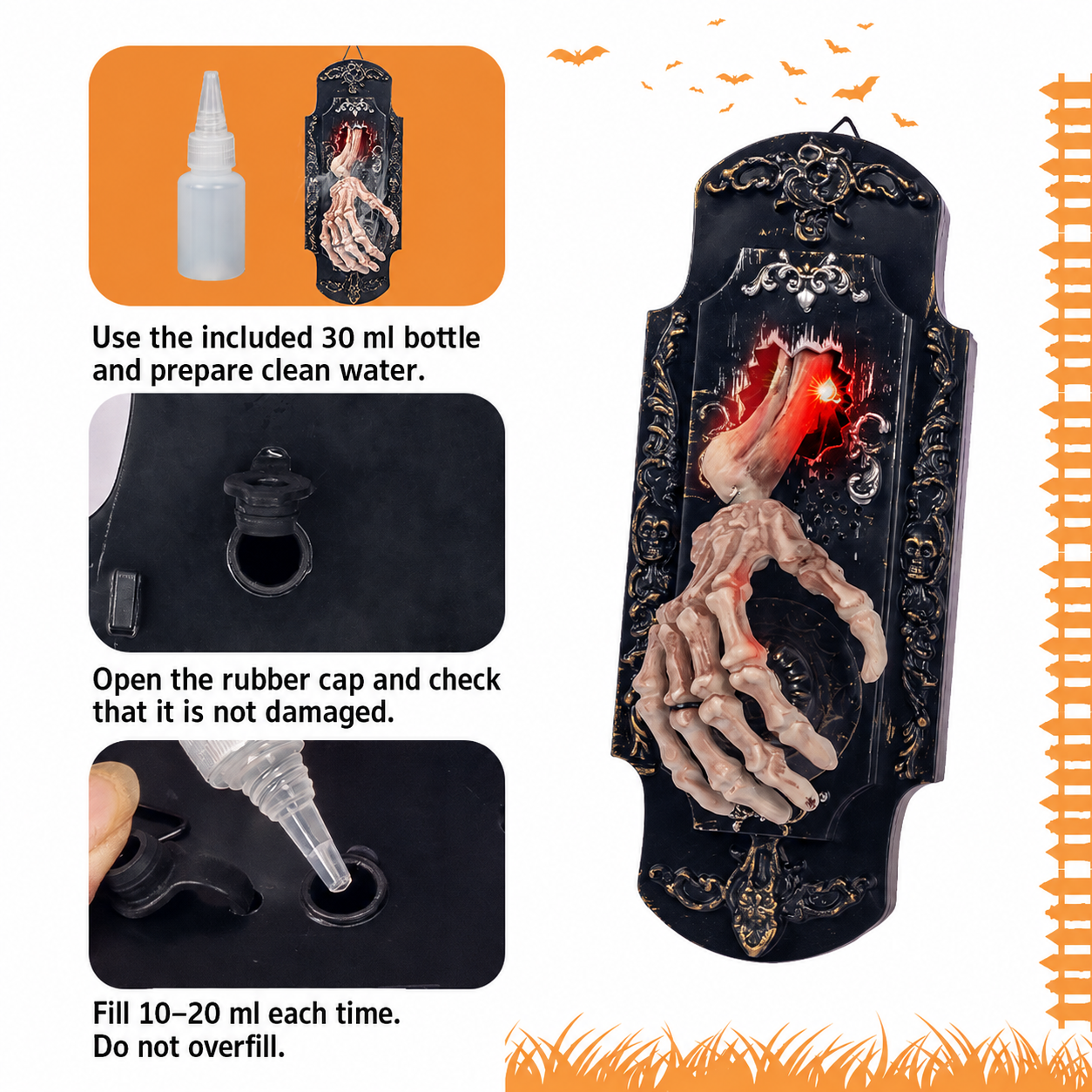 Mist-spraying haunted door lock product details and water reservoir instructions