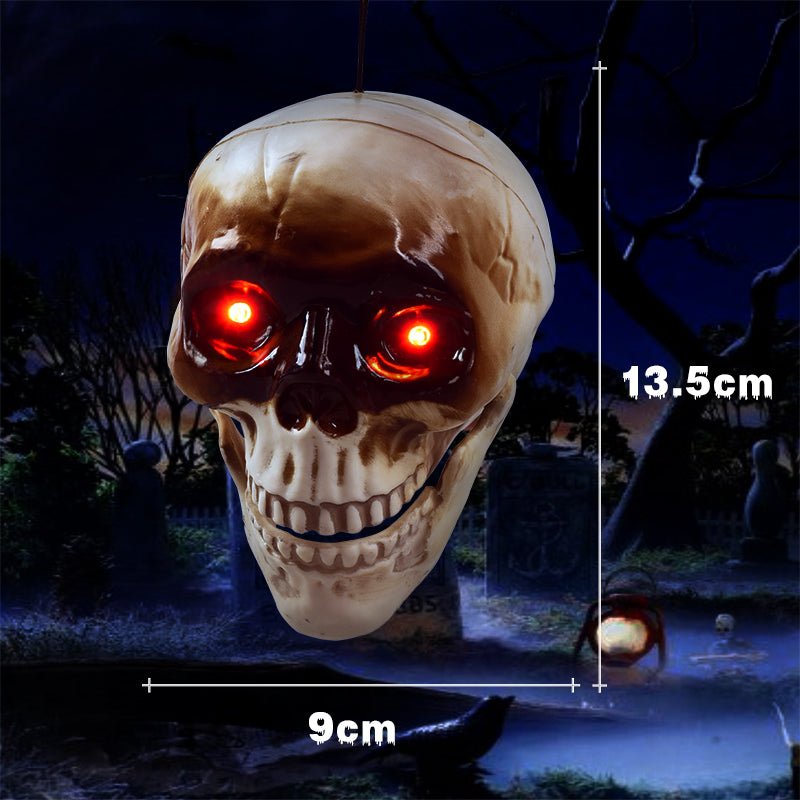 Glowing animated skull head Halloween decoration with feature callouts