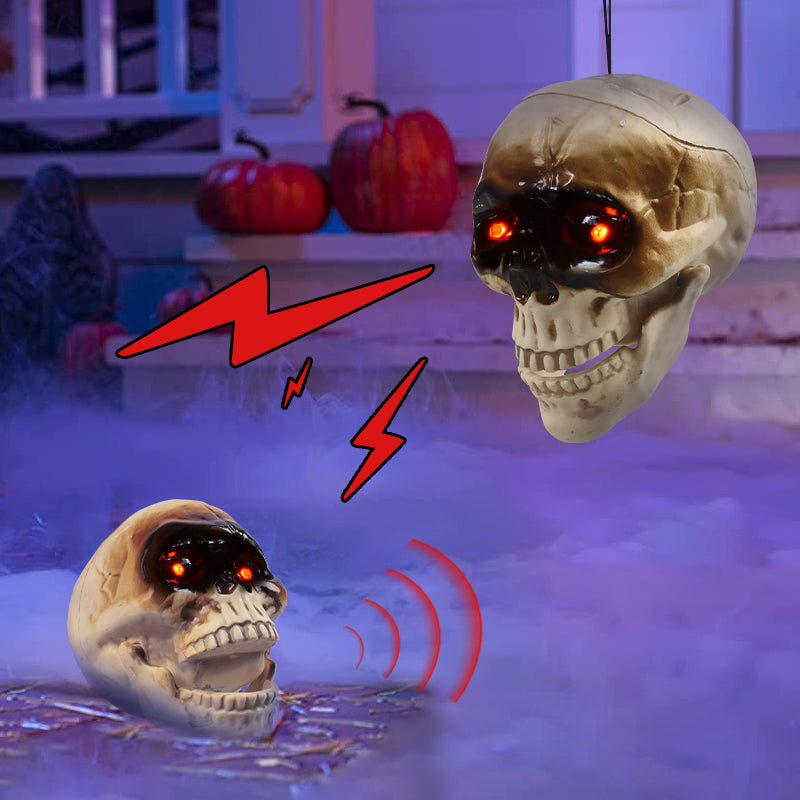 Front view of animated skull head with red LED eyes and dimensions