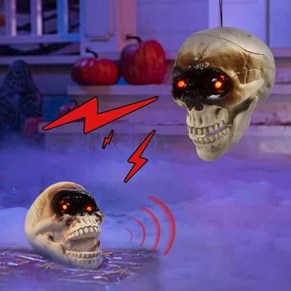 Front view of animated skull head with red LED eyes and dimensions