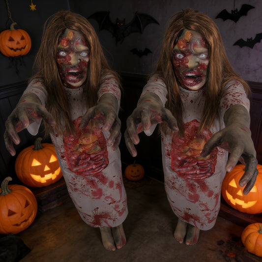 Two blonde female corpse props shown in a purple lightning graveyard scene