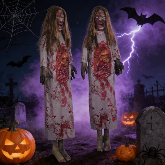 57 in blonde female corpse Halloween prop height diagram showing 145 cm