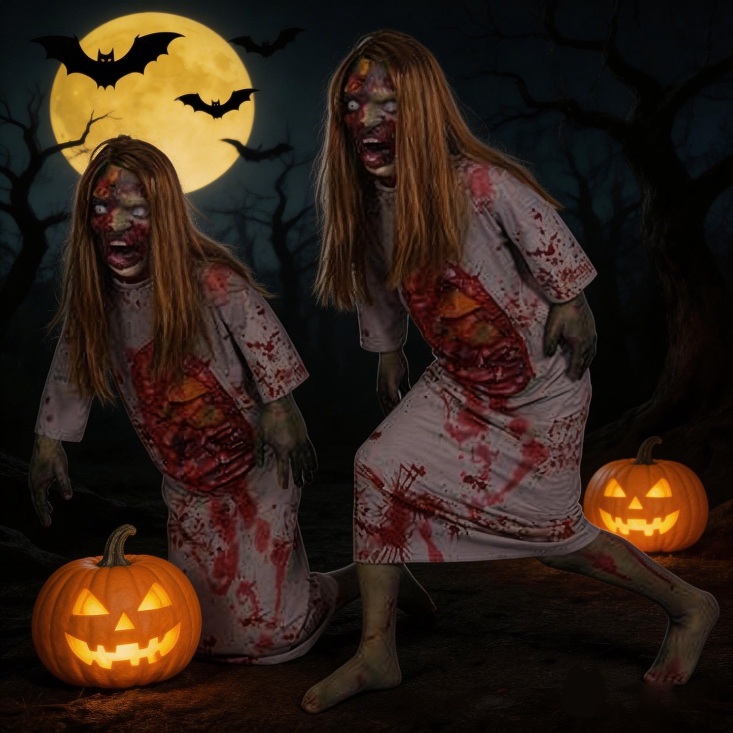 Two blonde female corpse props reaching forward among glowing pumpkins