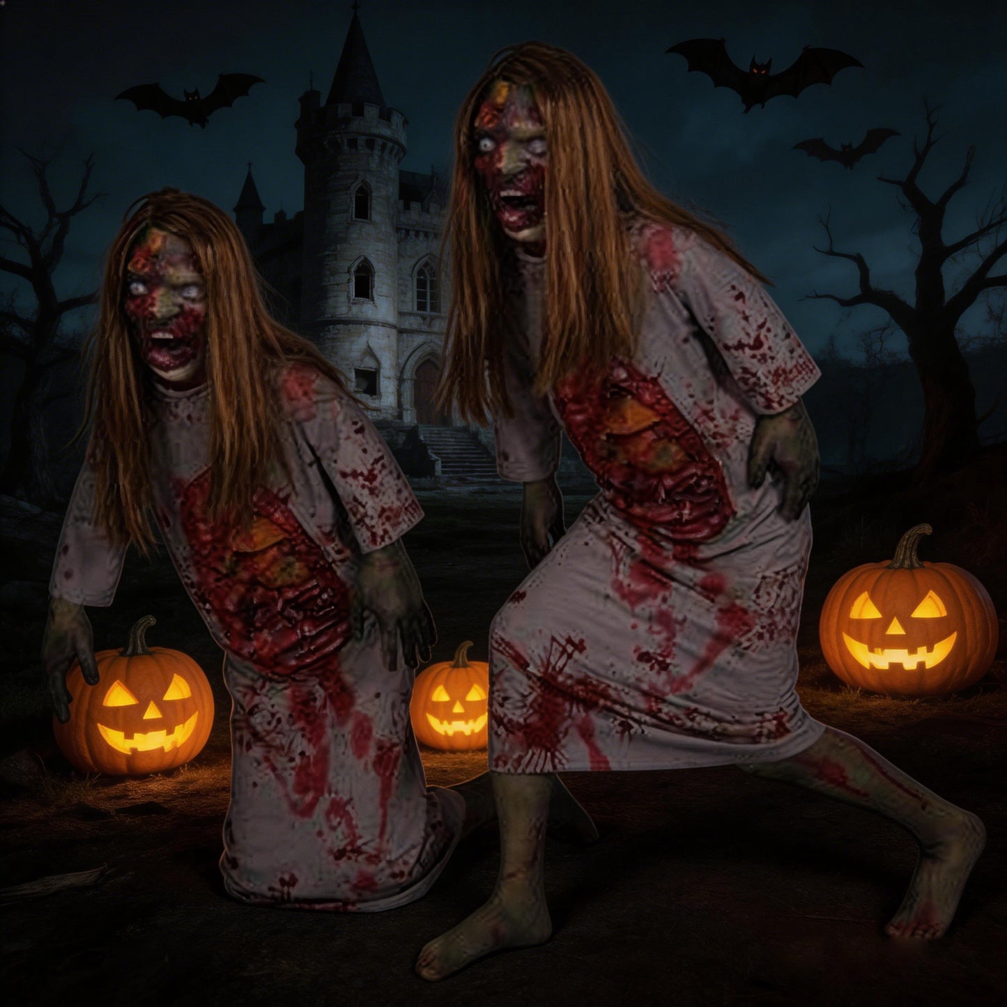 Two blonde female corpse props posed under a full moon with glowing pumpkins