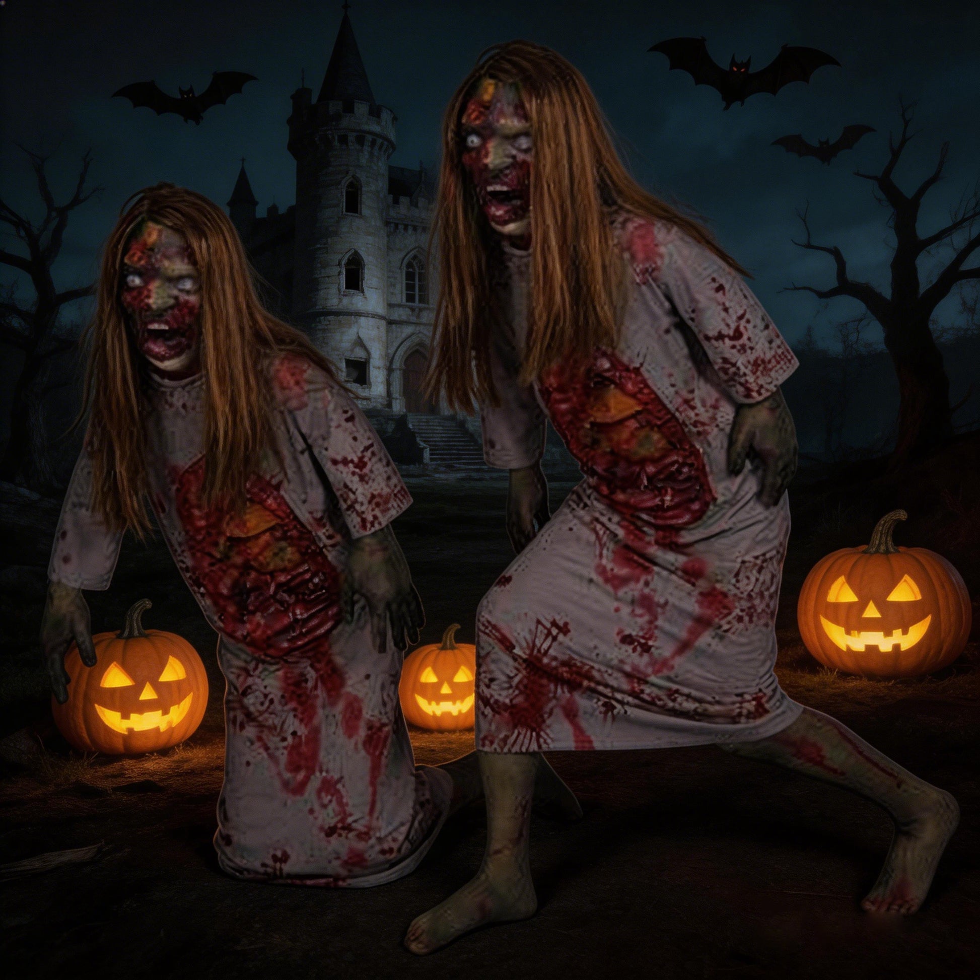 Two blonde female corpse props posed under a full moon with glowing pumpkins