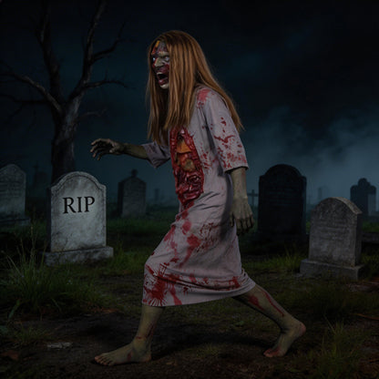 Two blonde female corpse props in front of a haunted castle and pumpkins