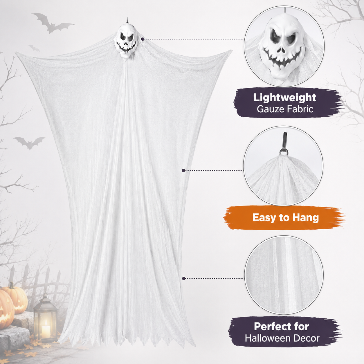 White gauze ghost feature graphic showing lightweight fabric and easy hanging loop