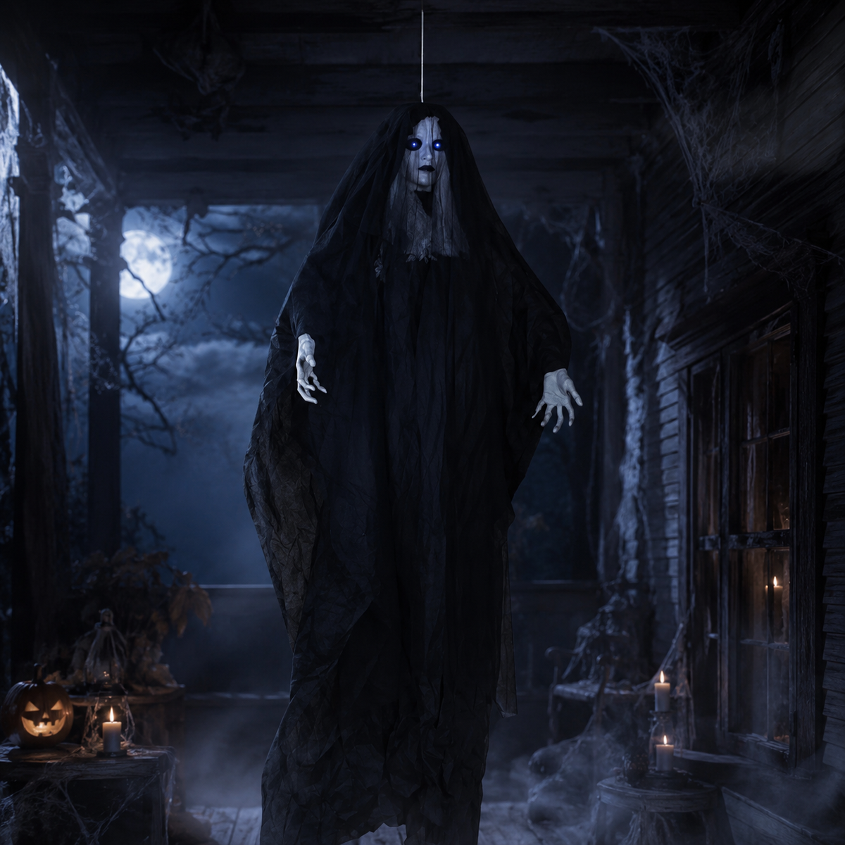 Black hanging bride ghost displayed on a dark front porch