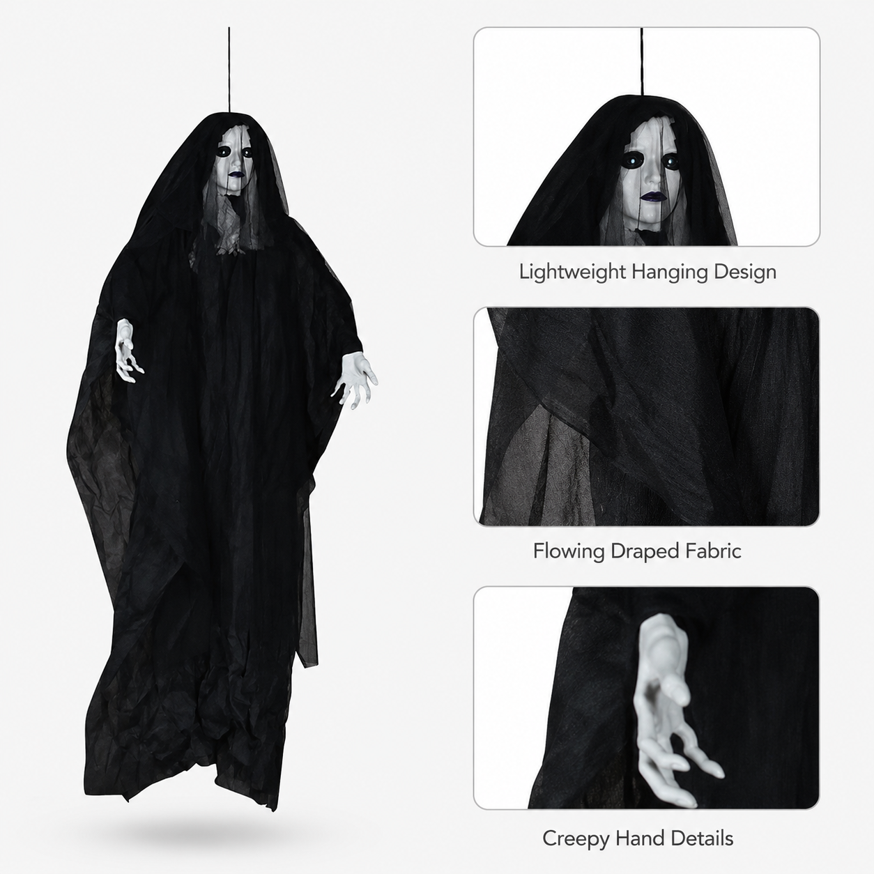 Close-up of black bride ghost fabric and hanging hand detail