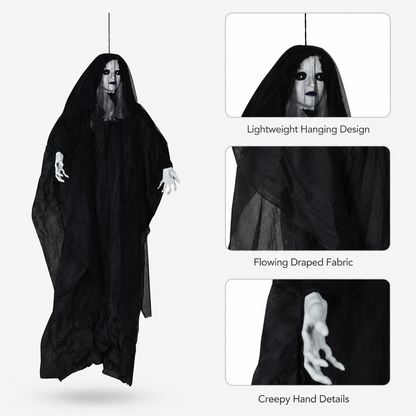 Close-up of black bride ghost fabric and hanging hand detail