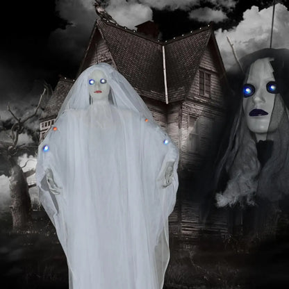 White hanging bride ghost Halloween decoration with light-up eyes