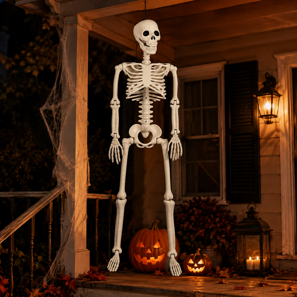 Hanging distressed skeleton Halloween prop with rope