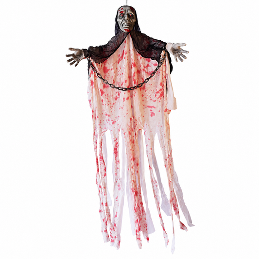 Chained hanging ghost Halloween decoration on a white background