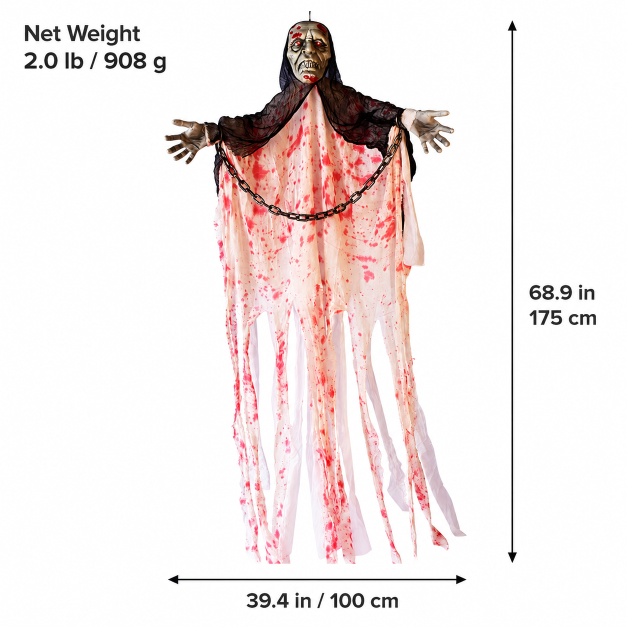 Chained hanging ghost size chart showing 68.9 in height, 39.4 in width, and 2 lb weight