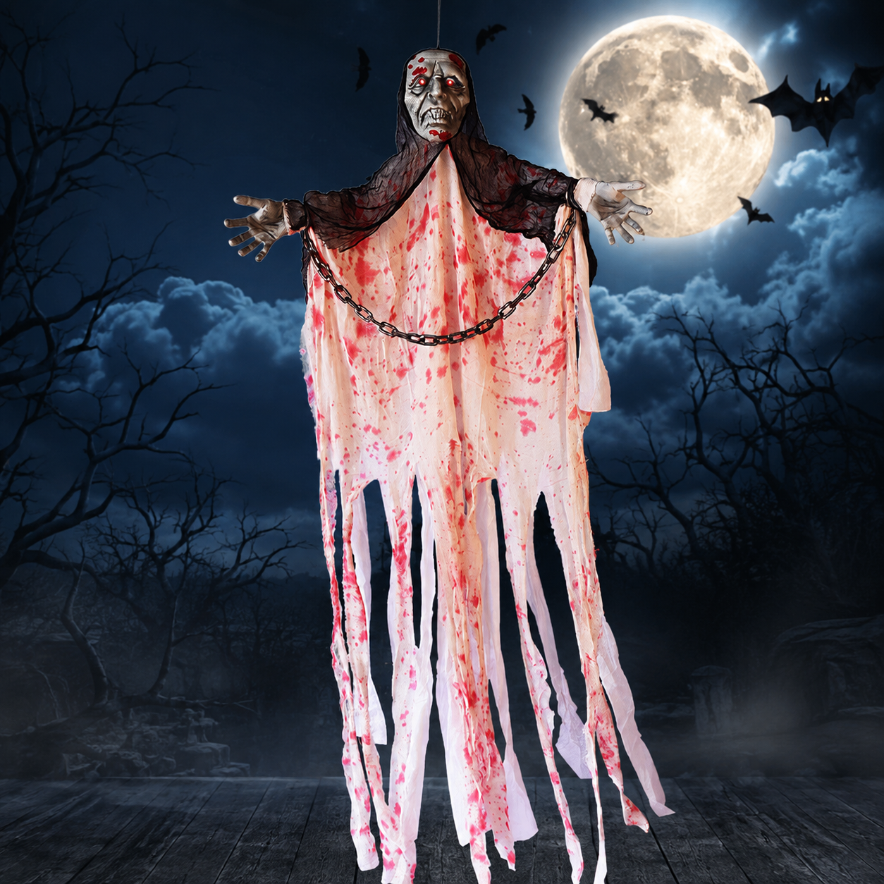 Chained hanging ghost with glowing red eyes under a full moon