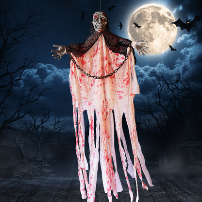 Chained hanging ghost with glowing red eyes under a full moon