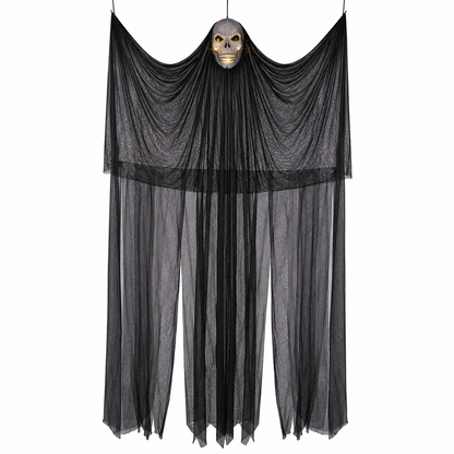 Hanging Ghost Doorway Decoration – Light-Up Skull Face with Flowing Black Gauze - product image 1