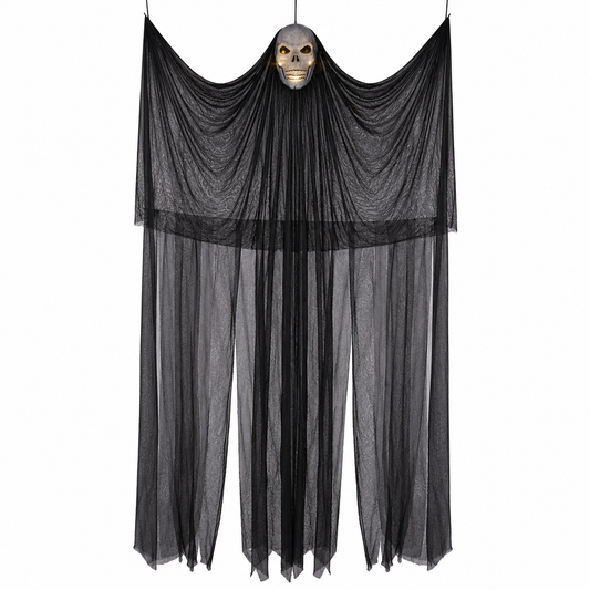 Hanging Ghost Doorway Decoration – Light-Up Skull Face with Flowing Black Gauze - product image 1