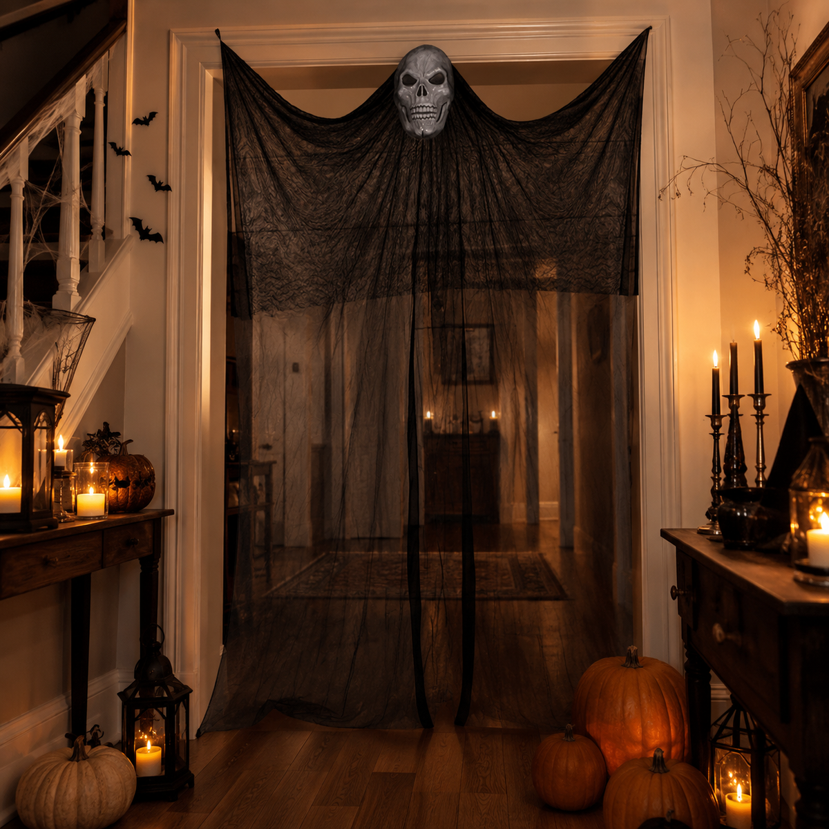 Hanging Ghost Doorway Decoration – Light-Up Skull Face with Flowing Black Gauze - product image 2