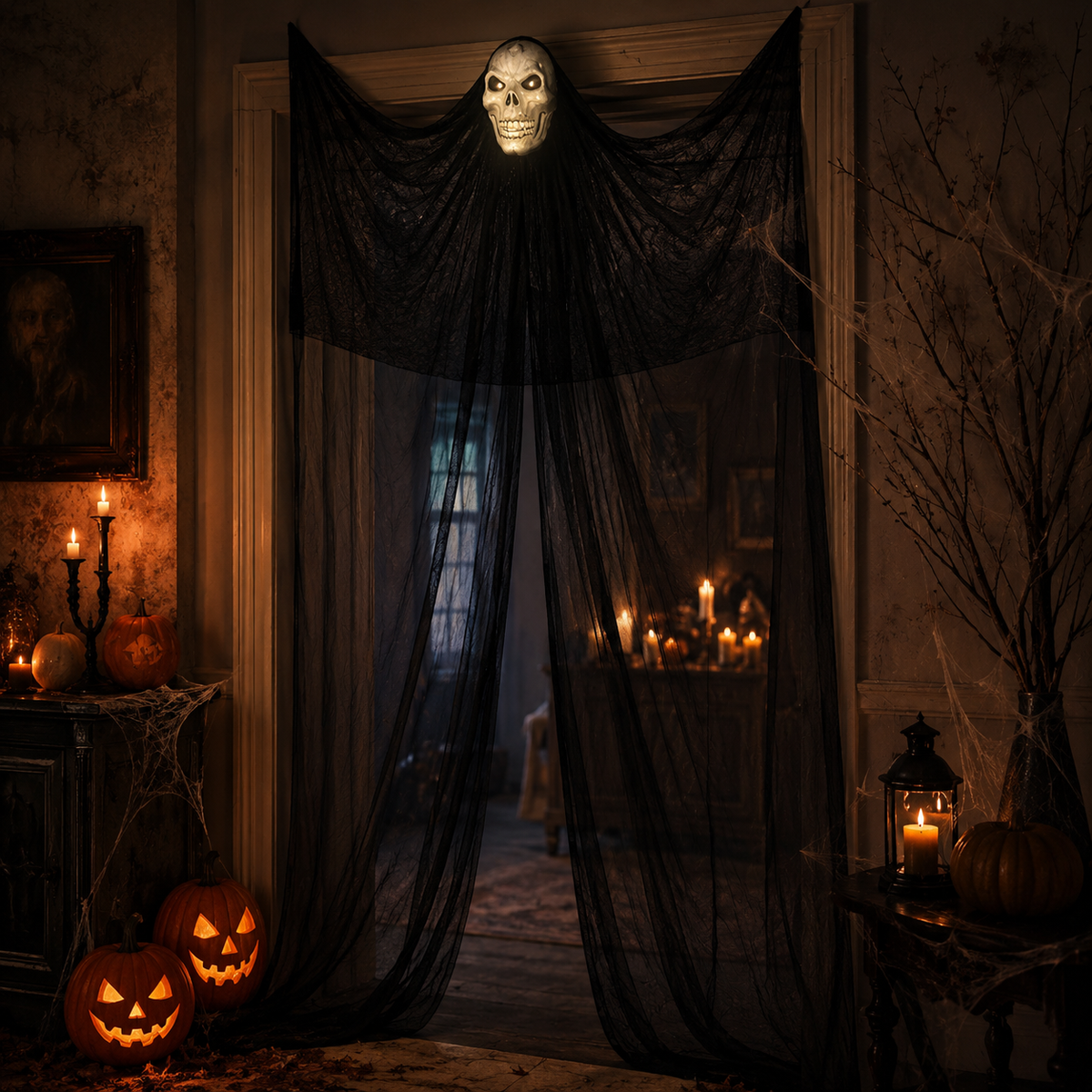 Hanging Ghost Doorway Decoration – Light-Up Skull Face with Flowing Black Gauze - product image 3