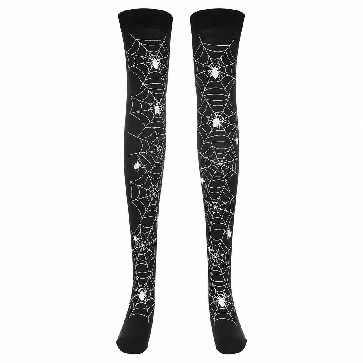 Pair of black thigh-high stockings with white spider web pattern