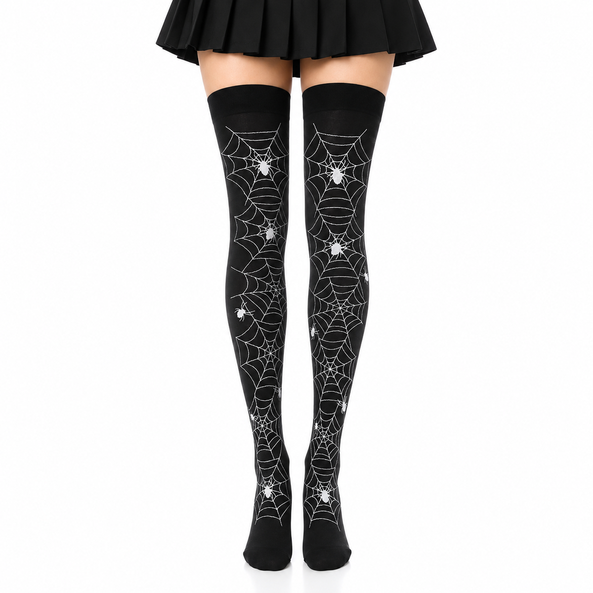 Black spider web thigh-high stockings shown on a model
