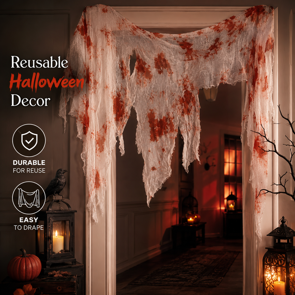 Bloody Gauze Cloth Drape – Tattered Halloween Fabric Decoration with Blood Stains - product image 3