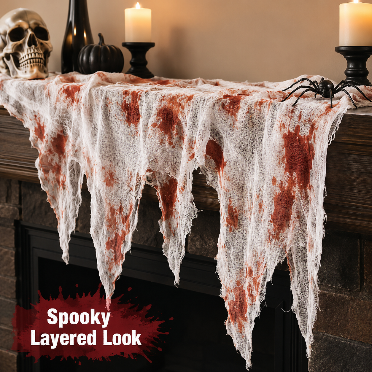 Bloody Gauze Cloth Drape – Tattered Halloween Fabric Decoration with Blood Stains - product image 4