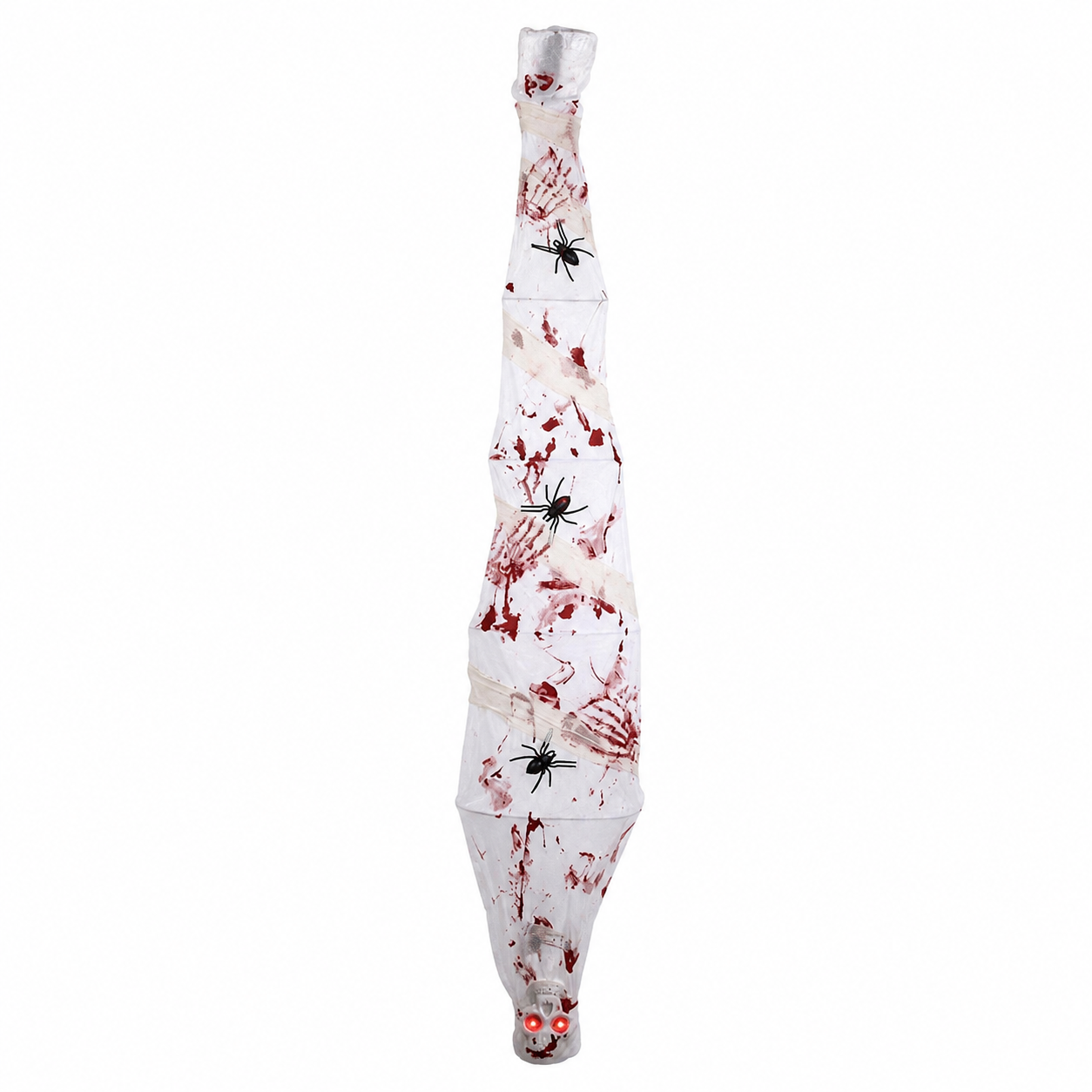 Life-size hanging mummy prop with bloody gauze, black spiders, and glowing red eyes on white