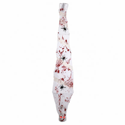 Life-size hanging mummy prop with bloody gauze, black spiders, and glowing red eyes on white