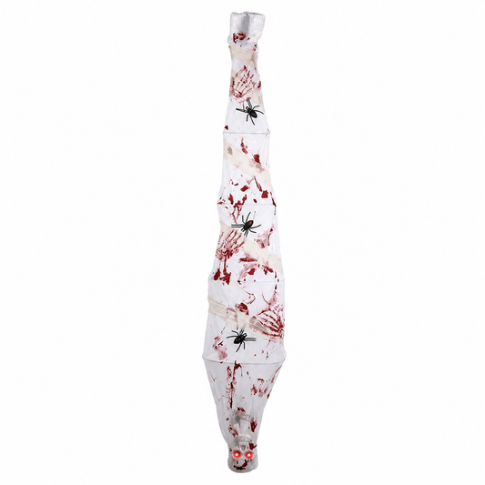 Life-size hanging mummy prop with bloody gauze, black spiders, and glowing red eyes on white