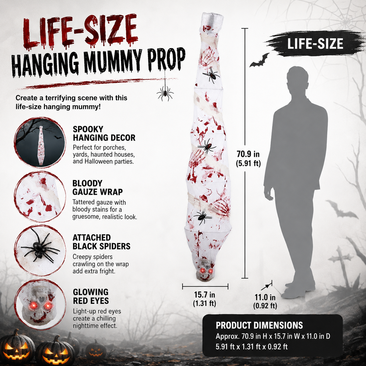70.9-inch hanging mummy prop dimension guide with bloody gauze, spiders, and glowing eyes