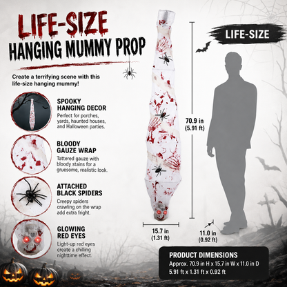 70.9-inch hanging mummy prop dimension guide with bloody gauze, spiders, and glowing eyes