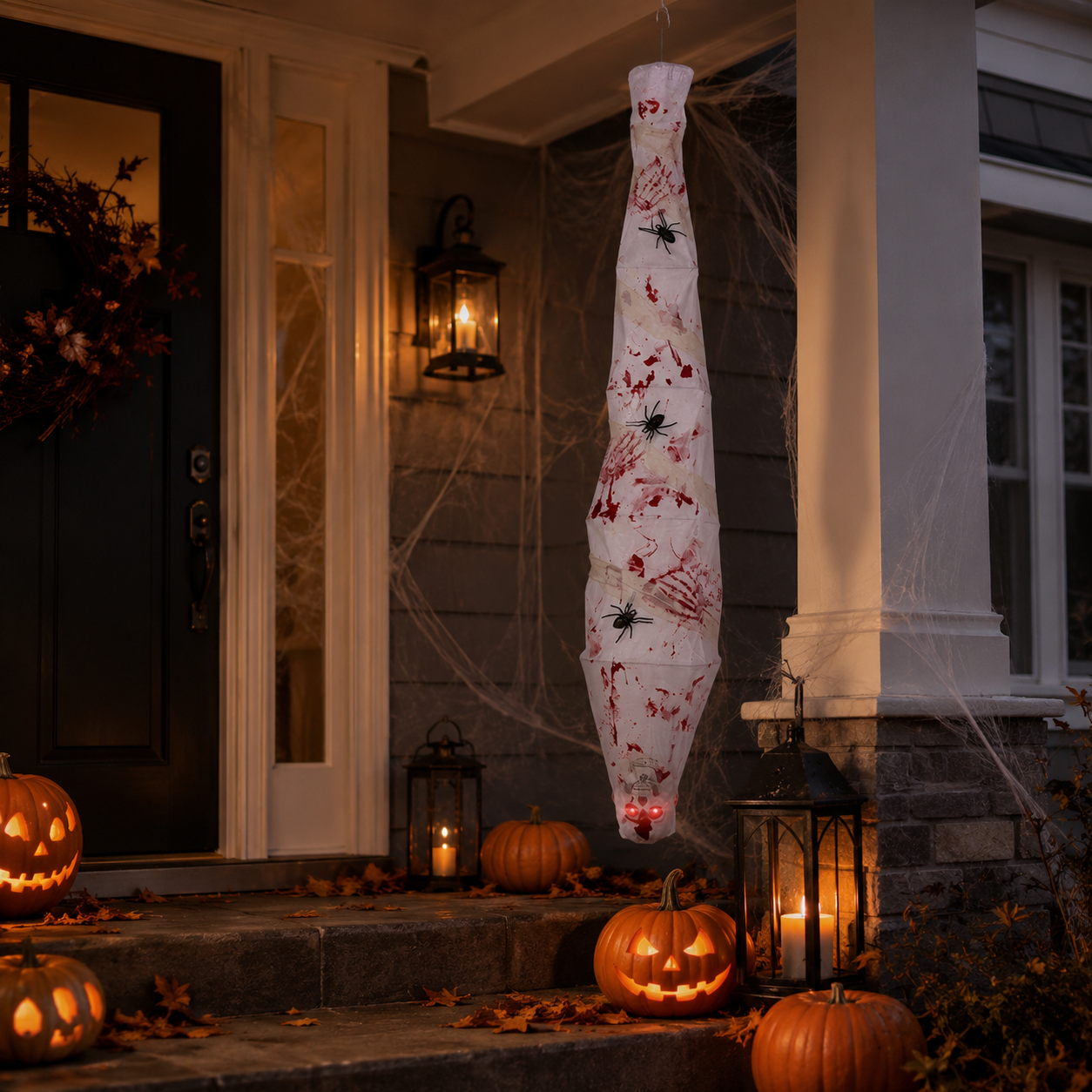 Life-size bloody gauze mummy prop hanging on a Halloween porch with glowing red eyes