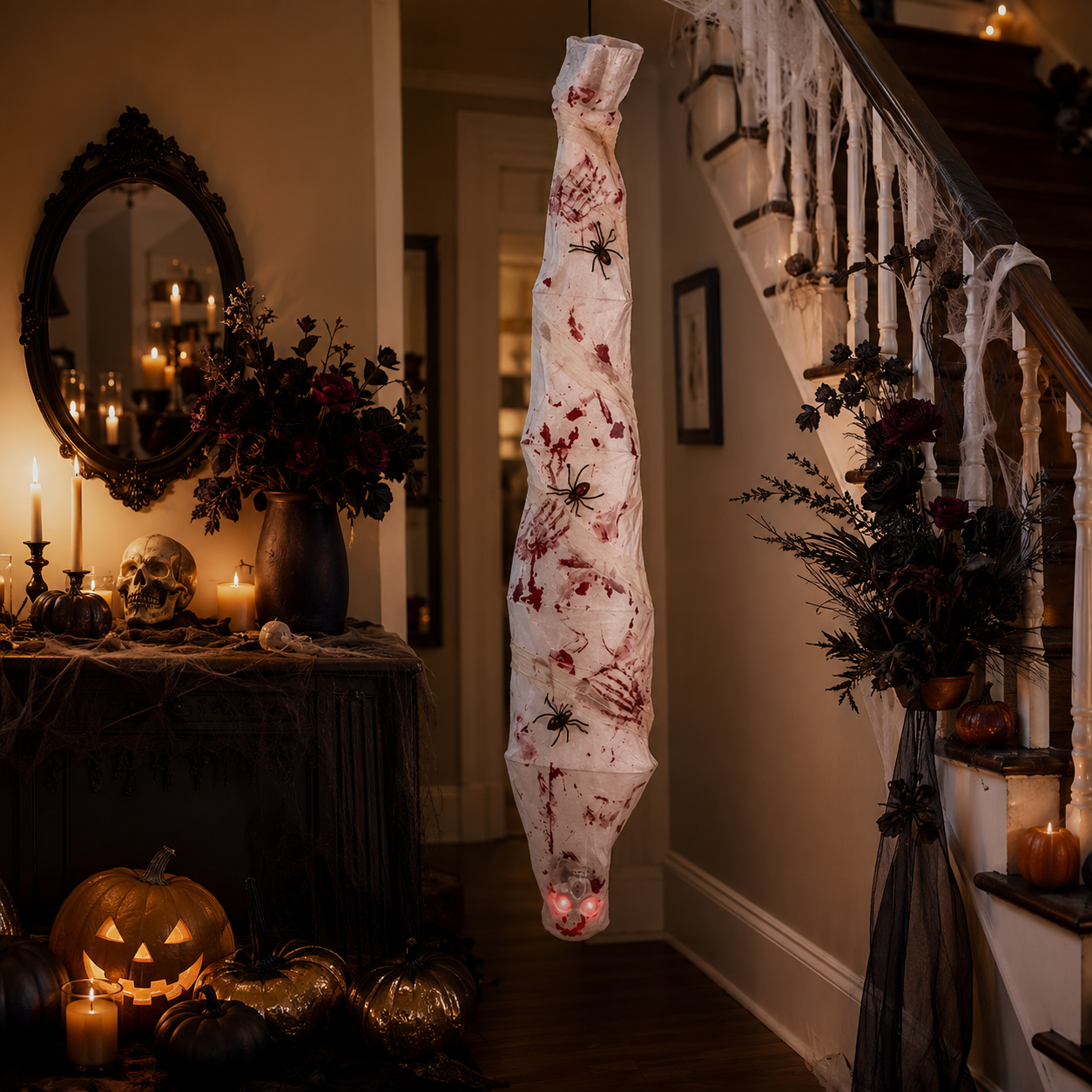 Bloody gauze mummy prop with spiders hanging beside a decorated indoor staircase