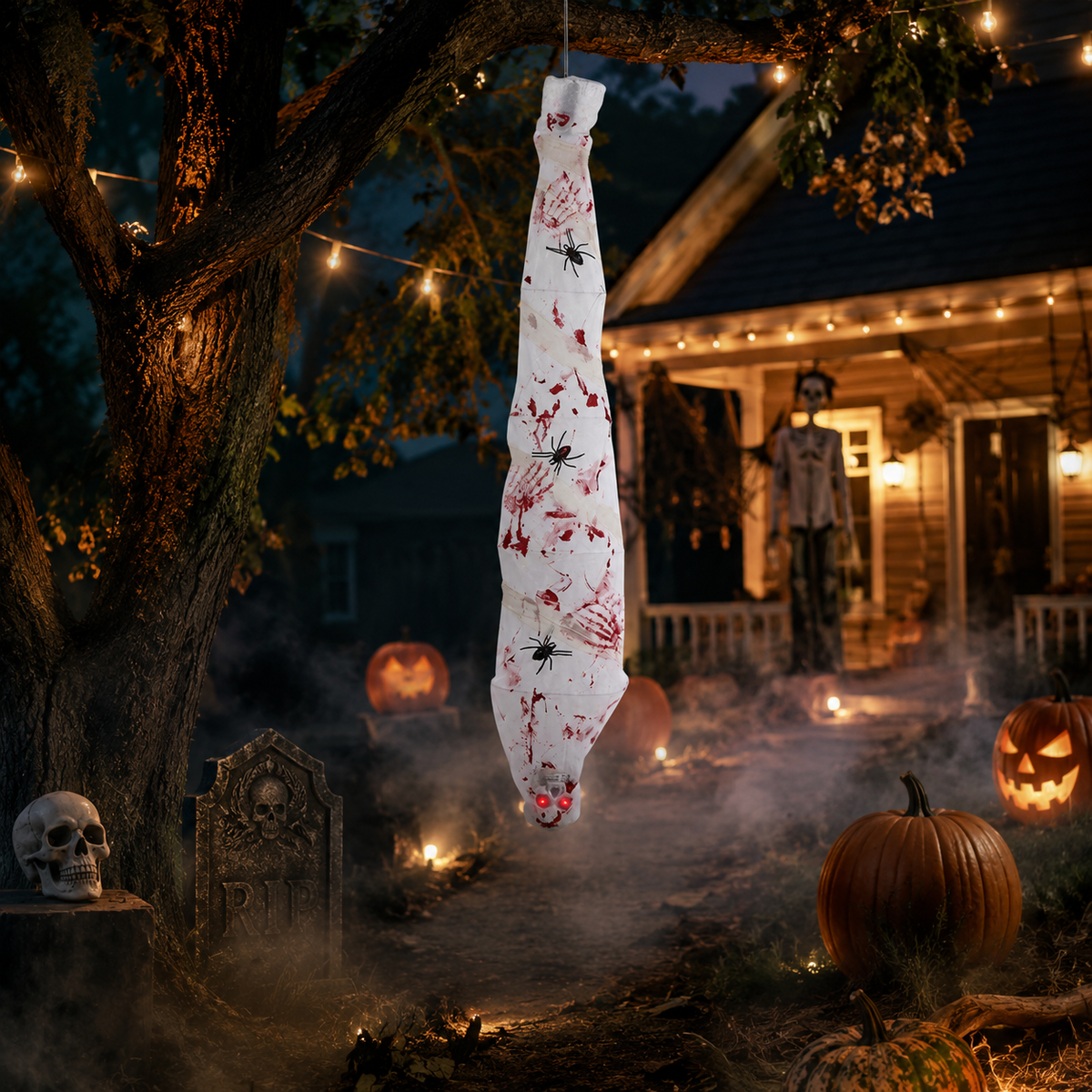 Life-size mummy prop with glowing red eyes hanging in an outdoor Halloween graveyard